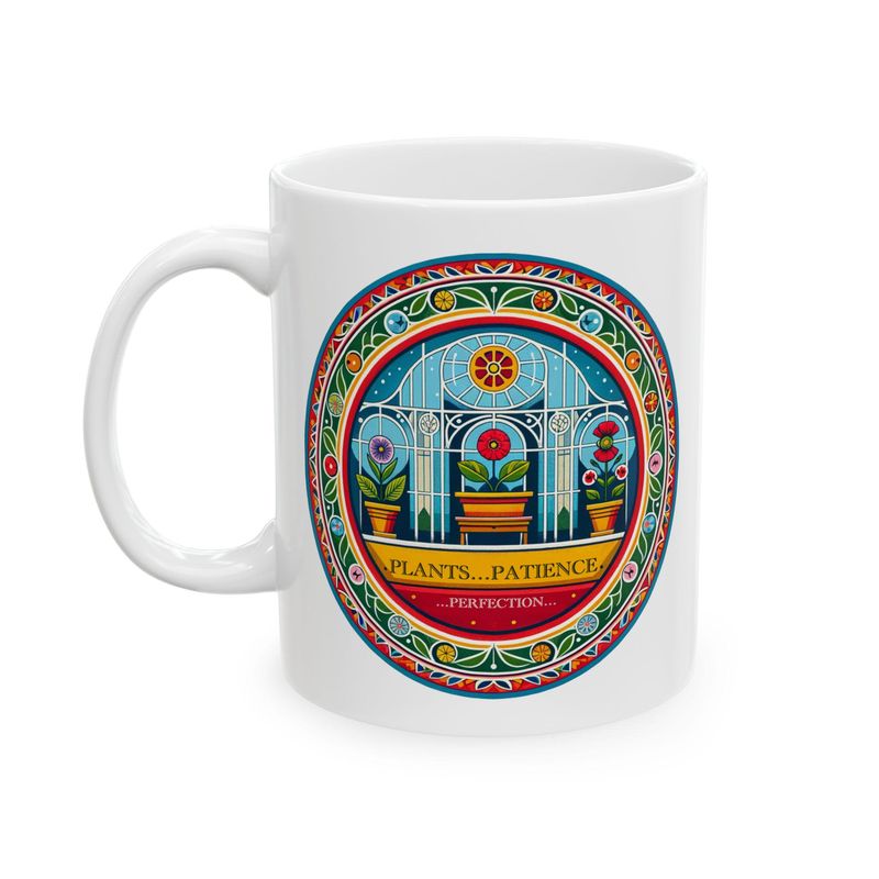 Ceramic plant mug with a Scandinavian folk art design