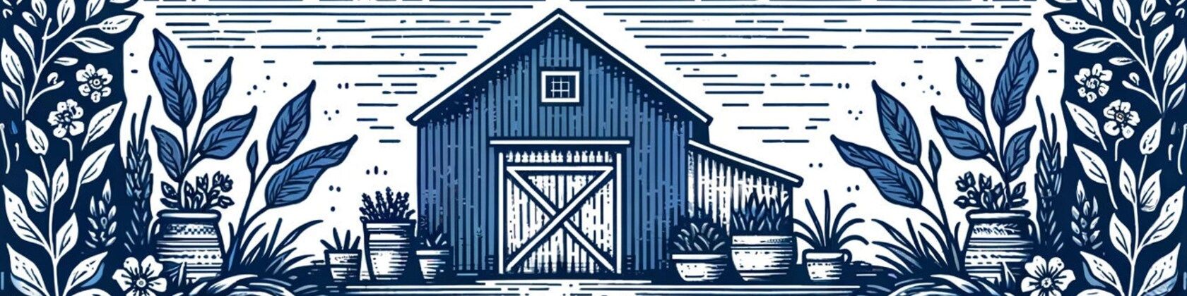 Woodcut-style blue barn among potted plants and leafy vines